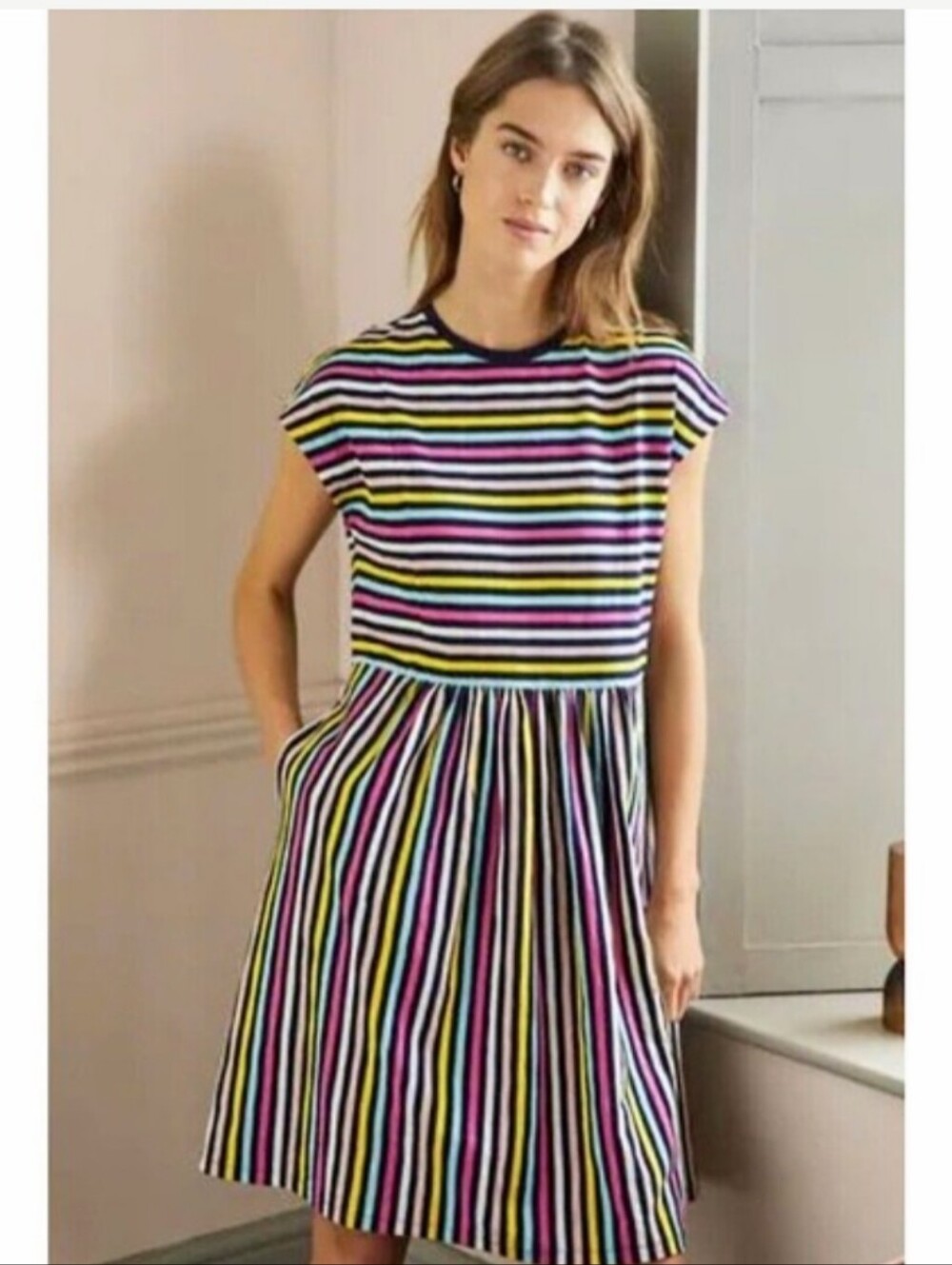 Boden Multicolor Striped Knit Dress - Black, Yellow, Pink, Blue, Green